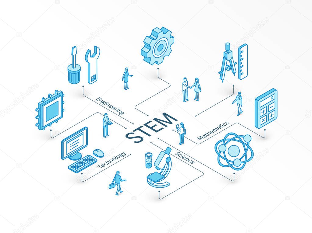 STEM isometric concept. Connected line 3d icons. Integrated infographic design system. People teamwork. Science, Technology, Engineering, Mathematics symbols. Math study, education, learning pictogram