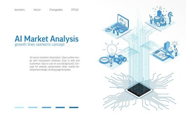 AI Piyasa Analizi İzometrik Çizgi İmajı. Finansal dijital veriler, para büyüme açığı konsepti. Hisse senedi ticaret sistemi, çip bağlantısı. İş adamları 3d vektör tasarımı.