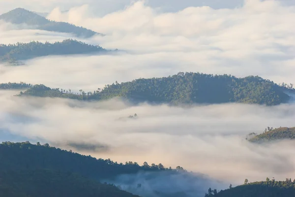 Fog Moves Mountains Morning Sunlight Winter — Stok fotoğraf