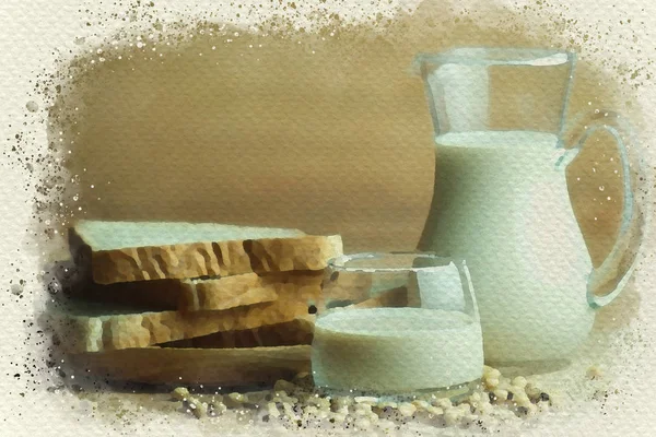 Wheat bread and soy milk on wooden table. — Stock Photo, Image