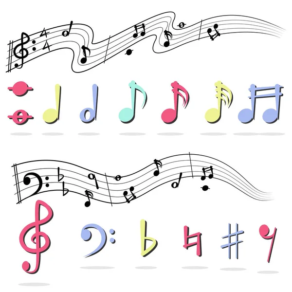 Nota Musicale Sfondo Bianco Set Simboli Piatti Multicolore Concetto Musica — Vettoriale Stock