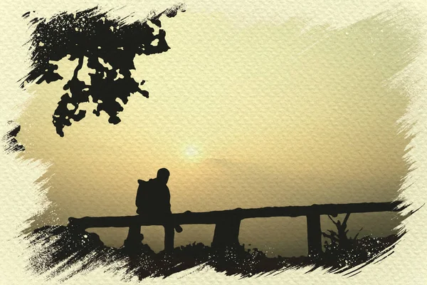 The man sitting and seeing sunset in view point. — Stock Photo, Image