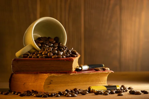 Coffee Bean White Cup Vintage Book Stacking Wooden Table Morning — Stock Photo, Image