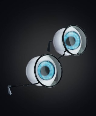 İnsan gözünün mavi gözü ve siyah yuvarlak gözlükler koyu bir arkaplanda yüzüyor. İnsanların kavramı, göz sorunları ya da gerçeküstü bir tarzda miyopluk. 3B illüstrasyon oluşturma.