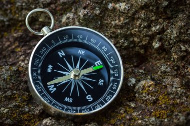 Ormandaki kayaya pusula yerleştirilmiş. Yakın çekim ve kopyalama alanı. Orman macera seyahati kavramı.