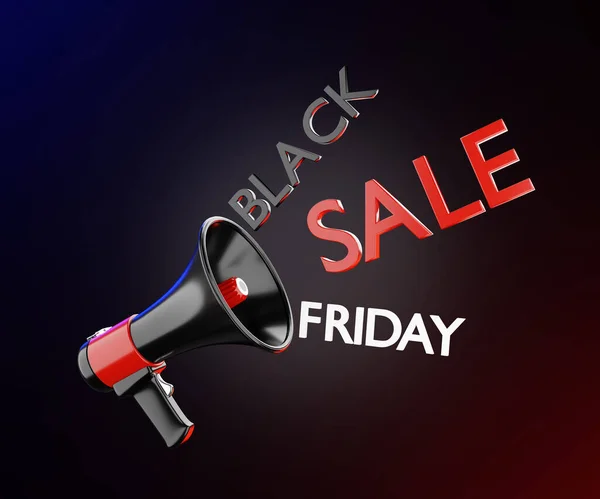 大喇叭在黑色的背景下 以美丽的蓝光和红光宣布了黑色星期五的活动 每年十一月的周末购物季节的概念 3D渲染 — 图库照片#