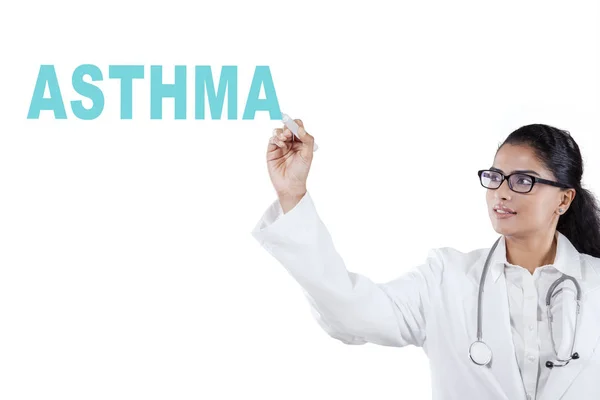 Image African Female Physician Writing Asthma Word Whiteboard Isolated White — Stock Photo, Image