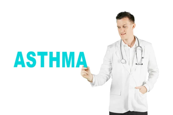 Picture American Male Physician Writing Asthma Word Whiteboard Isolated White — Stock Photo, Image