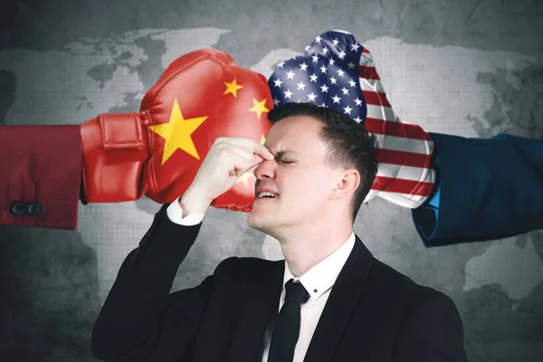 European Businessman Looks Depressed Government Conflict China Usa — Stock Photo, Image