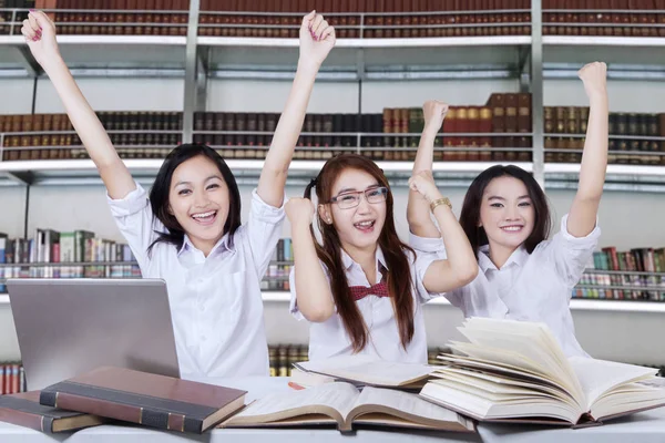 Successful Female Students Having Group Meeting Library — Stock Photo, Image