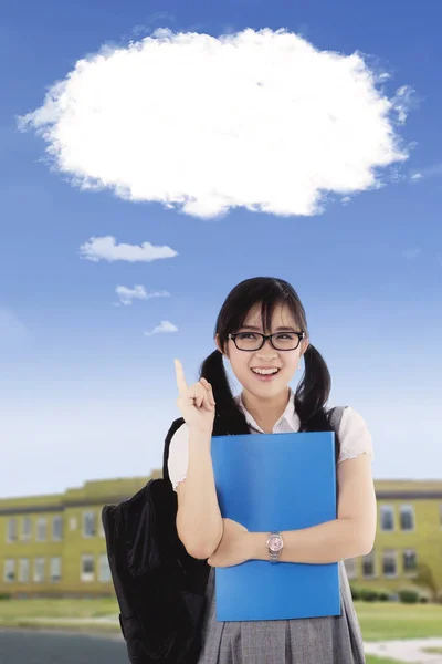 Photo Beautiful High School Student Thinking Something While Pointing Cloud — Stock Photo, Image