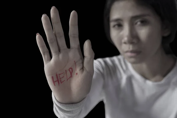 Image Lonely Woman Looks Depressed While Showing Help Word Her — Stock Photo, Image