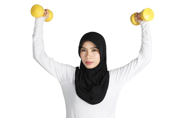 Beautiful Woman Wearing Sportswear Veil While Lifting Two Dumbbells Isolated — Stock Photo, Image