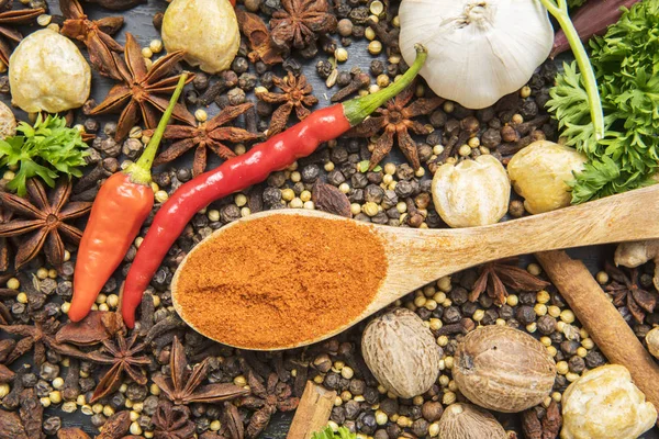 Top view of chili powder on the wooden spoon with variety spices above table