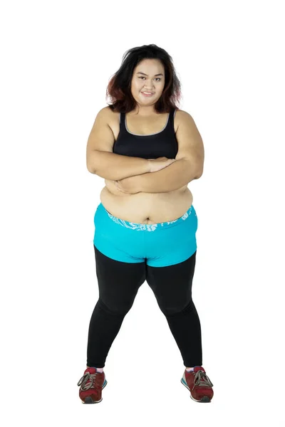 Full Length Fat Woman Folded Her Arms While Standing Studio — Stock Photo, Image