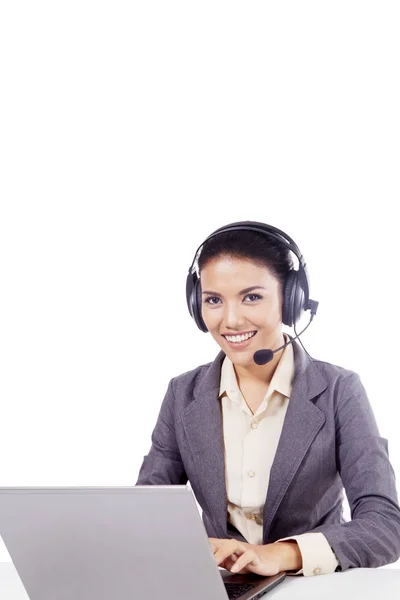 Beautiful Call Center Operator Working Headphone Laptop Isolated White Background Stock Image