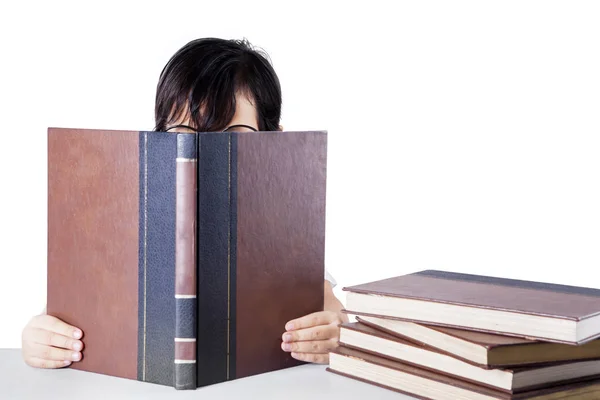 Picture Unknown Little Girl Covered Book While Reading Book Isolated — Stock Photo, Image