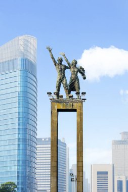 Jakarta - Endonezya. 12 Haziran 2018: Jakarta, Endonezya'daki Hotel Indonesia Roundabout'da Hoş Geldiniz Anıtı