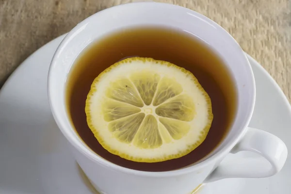 Close Warm Tea Slice Fresh Lemon Teacup Shot Wooden Table — Stock Photo, Image