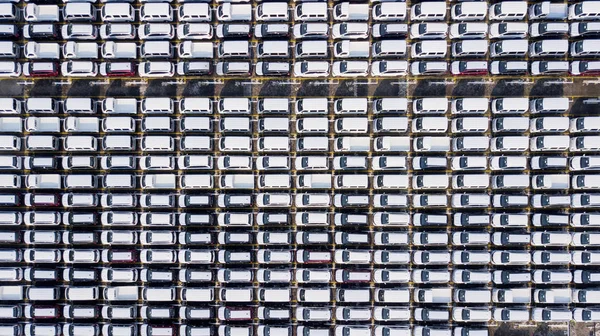 Vista Ángulo Alto Los Coches Nuevos Alineados Puerto Para Exportación — Foto de Stock