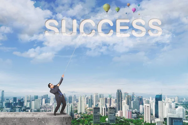 Picture Asian Businessman Standing Rooftop While Pulling Success Word Clear — Stock Photo, Image