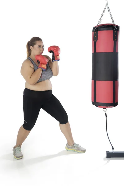 Retrato Uma Mulher Gorda Caucasiana Exercitando Com Saco Boxe Isolado — Fotografia de Stock