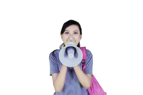 Image Female College Student Carrying Bag While Using Megaphone Speak — Stock Photo, Image