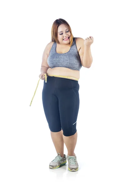 Longitud Completa Mujer Obesa Que Expresa Éxito Después Pérdida Peso — Foto de Stock