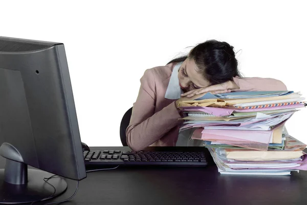 Picture Young Businesswoman Sleeping Pile Documents While Working Computer Isolated — Stock Photo, Image