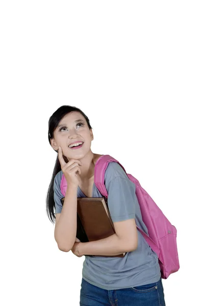 Retrato Caucasiano Estudante Universitário Feminino Parece Feliz Pensar Algo Isolado — Fotografia de Stock