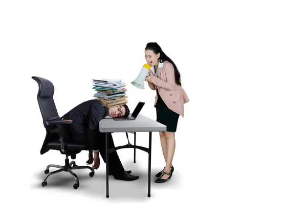 Szef Kobiet Krzycząc Jej Pracownika Wyczerpany Przez Megafon Izolowana Białym — Zdjęcie stockowe