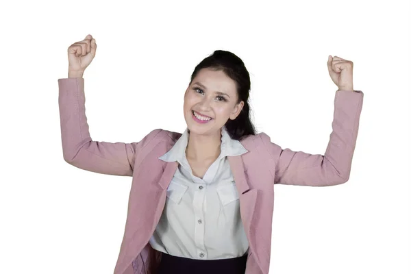 Picture Pretty Entrepreneur Celebrating Her Success Lifting Hands Isolated White — Stock Photo, Image