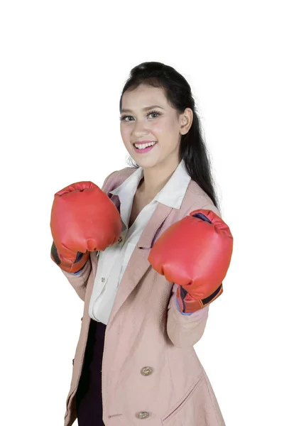 Pretty Entrepreneur Smiling Camera While Wearing Boxing Gloves Isolated White — Stock Photo, Image