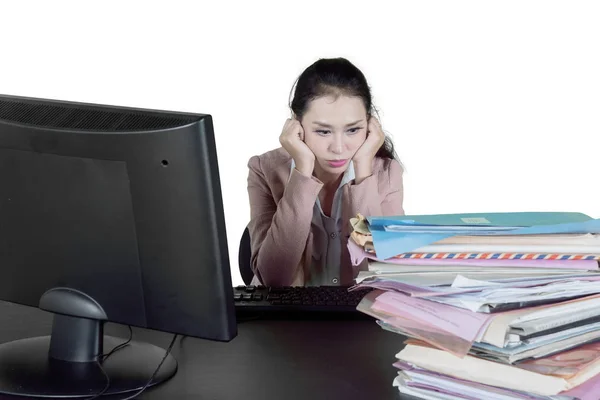 Picture Young Businesswoman Looking Pile Documents Stressful Expression Isolated White — Stock Photo, Image