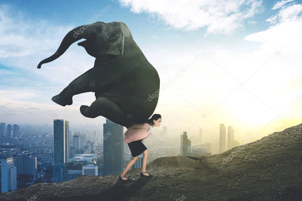Picture of Caucasian businesswoman lifting an elephant while walking on the uphill