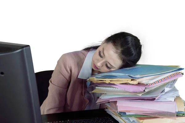 Picture Tired Businesswoman Sleeping Pile Documents Isolated White Background — Stock Photo, Image