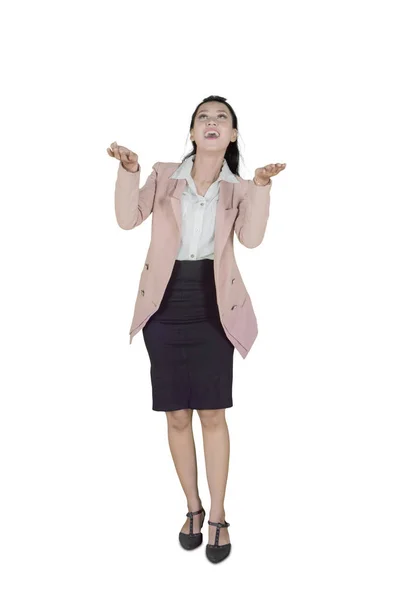 Full Length Caucasian Businesswoman Standing Juggling Pose Studio Isolated White — Stock Photo, Image