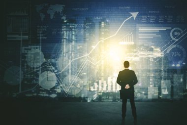 Arkadan bir futuristik Hud arabirimi ekran veri ve anahtar performans göstergeleri ile kullanarak iş karar destek sistemi analizi için işadamı görünüşü