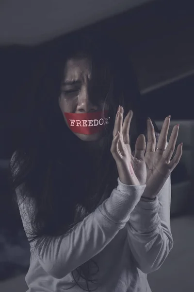 Portrait Abducted Girl Looks Sad Her Mouth Covered Freedom Word — Stock Photo, Image