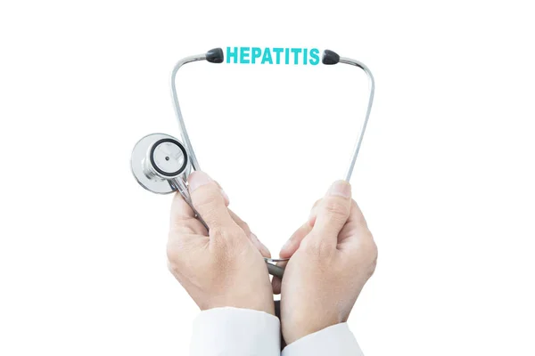 Nahaufnahme Anonymer Männlicher Arzthände Mit Einem Stethoskop Mit Hepatitis Wort — Stockfoto
