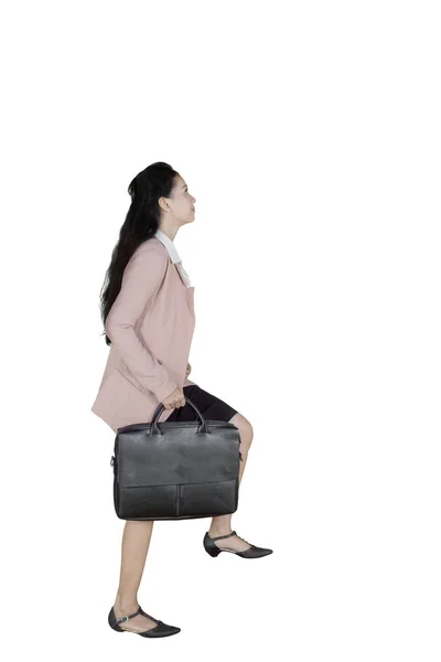 Portrait Beautiful Entrepreneur Carrying Suitcase While Posing Walk Stairs Isolated — Stock Photo, Image