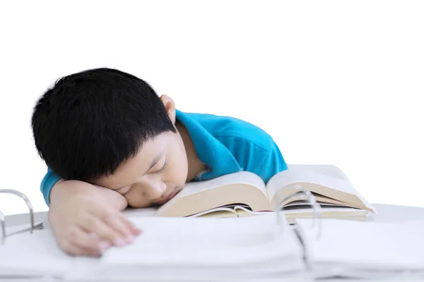 Imagem Estudante Pré Adolescente Cansado Adormeceu Enquanto Estudava Estúdio Isolado — Fotografia de Stock