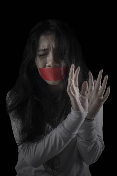Portrait Cried Woman Looks Scared Her Mouth Covered Adhesive Tape — Stock Photo, Image
