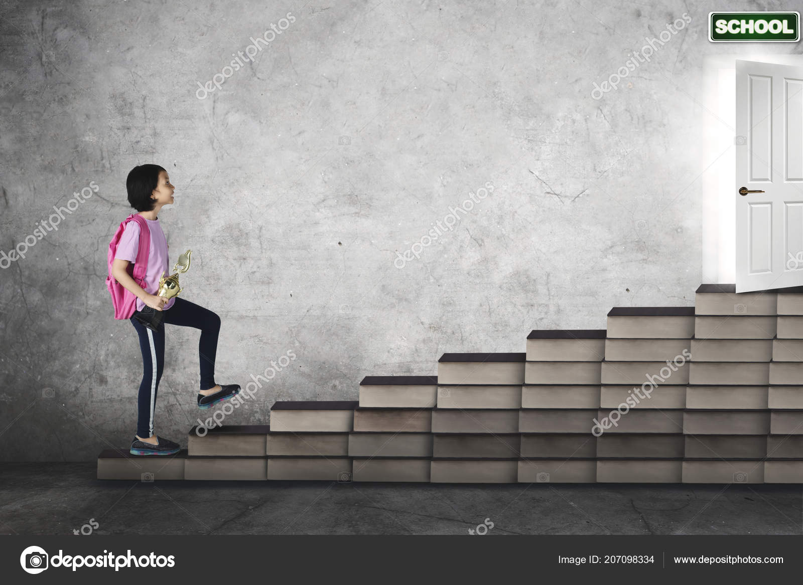 Picture Asian Schoolgirl Carrying Trophy While Walking Book Stairs