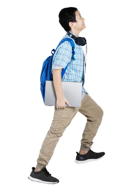 Portrait Preteen Boy Student Posing Walk Stairs While Carrying Laptop — Stock Photo, Image