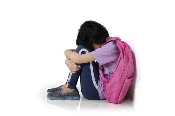 Picture Little Girl Looks Sad While Sitting Studio Isolated White — Stock Photo, Image