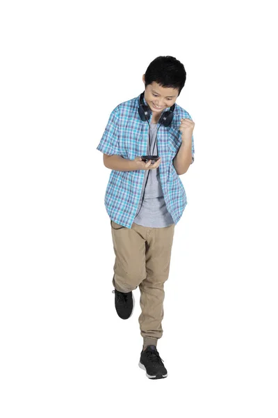 Image Preteen Boy Student Expressing Happy Reading Good News His — Stock Photo, Image