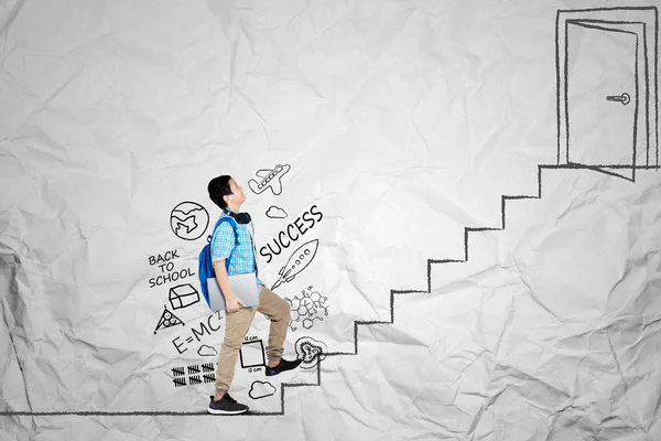 Handsome Preteen Student Carrying Laptop While Stepping Stair Opened Door — Stock Photo, Image