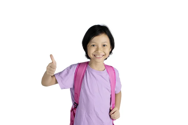 Εικόνα Της Ασίας Μαθήτρια Δείχνοντας Τον Αντίχειρά Της Ενώ Χαμογελά — Φωτογραφία Αρχείου
