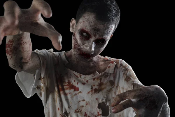 关闭了可怕的僵尸男子与血腥的伤口 他的脸 万圣节恐怖的概念 — 图库照片